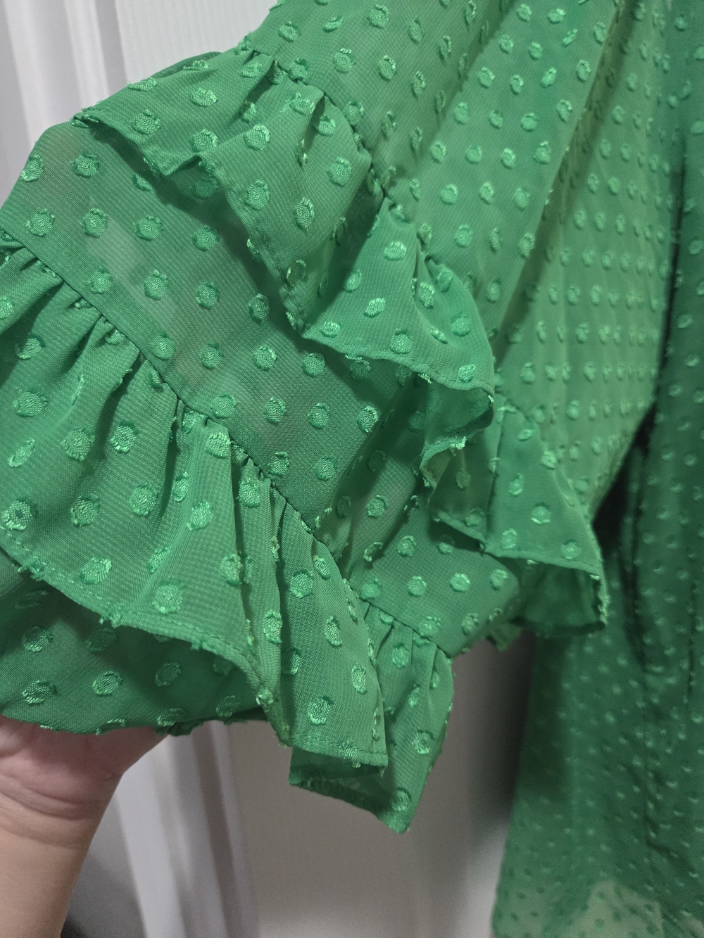 Cato Green Swiss Dot Peasant Top with Ruffle Sleeves - Picture 4 of 5